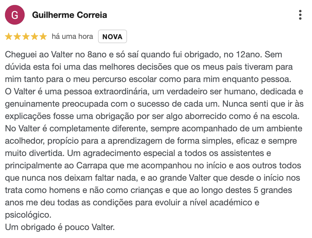 Avaliacao Google 5 estrelas de Guilherme Correia: cinco anos de acompanhamento academico e pessoal com o Valter.